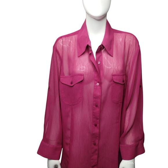 Emma James Womens Textured Button Up Classic Sheer Beachy Resortwear Roll-up 3X - Picture 2 of 12